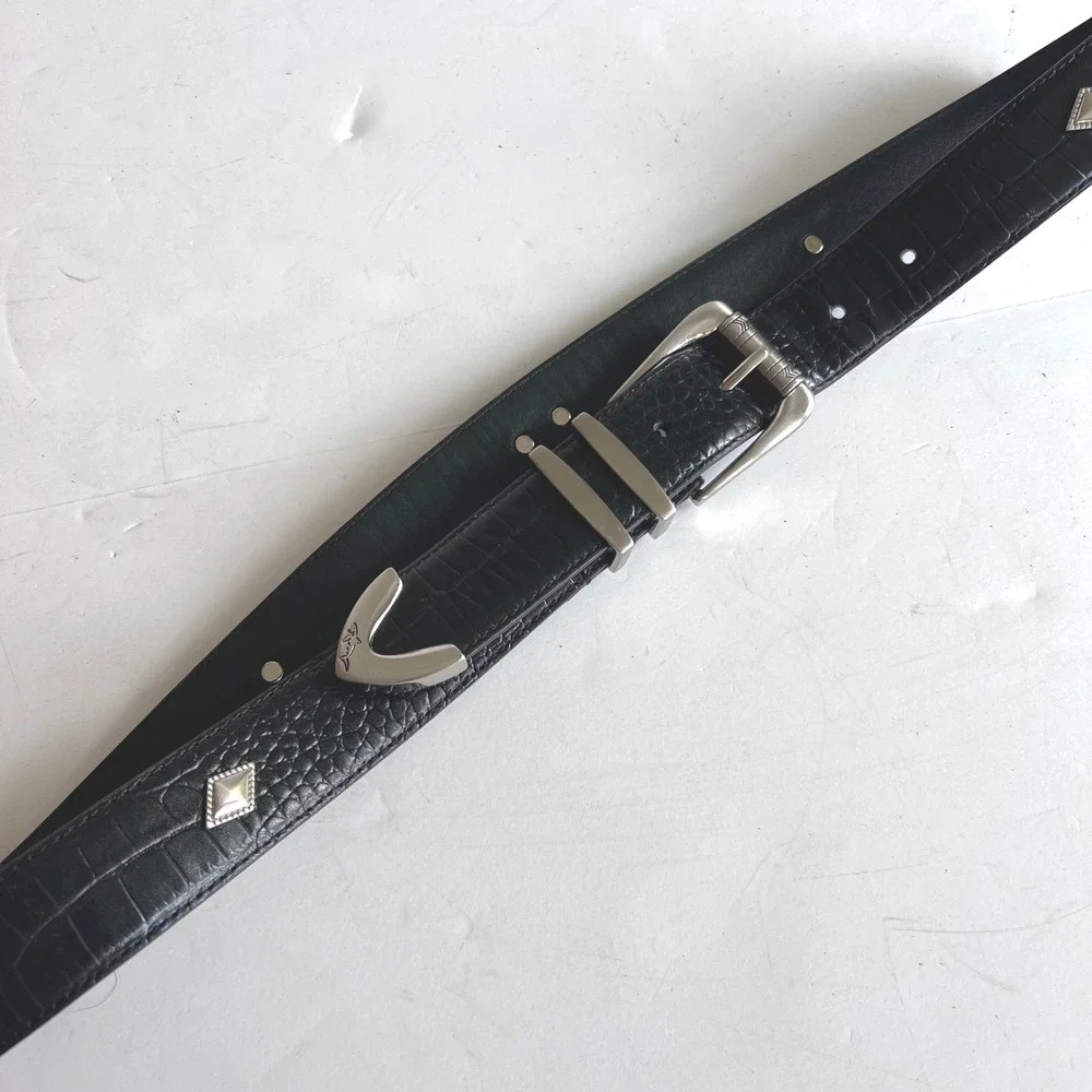 Greg Norman Black Croc Embossed Leather Belt Shark Logo Mens Size 36